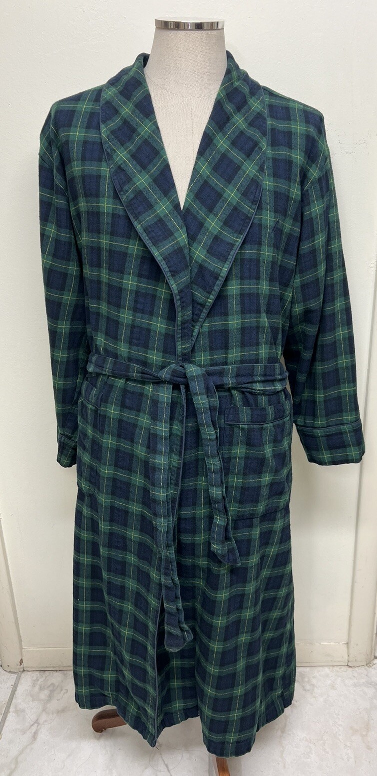 Nautica Mens Navy & Green Tartan Plaid Flannel Bath Robe 1980s Vintage USA L | eBay