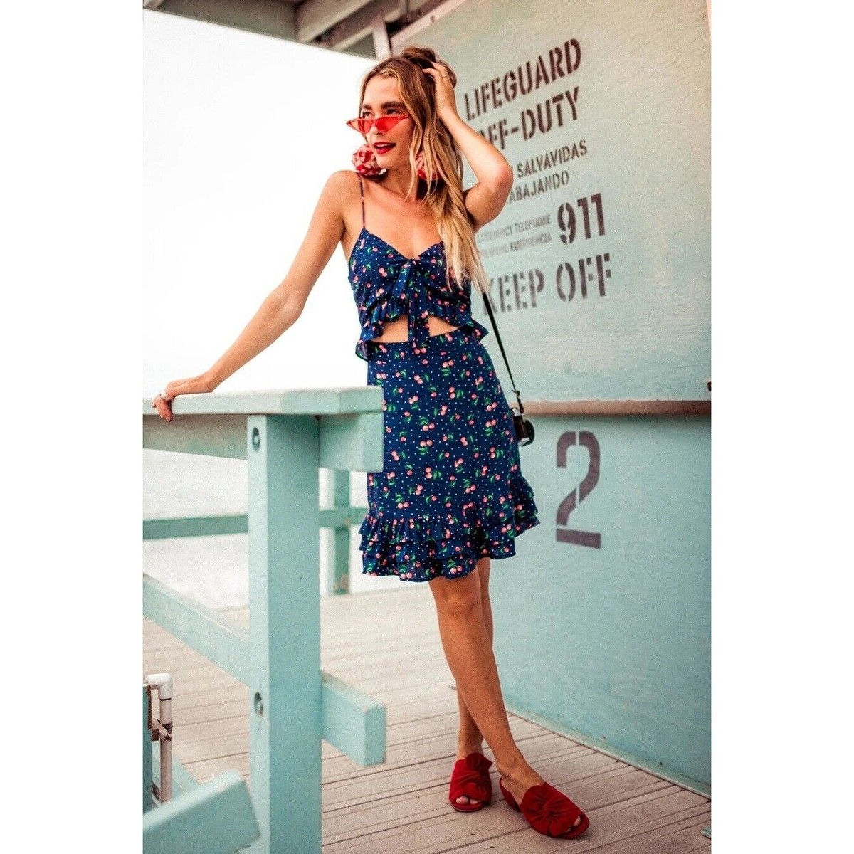 LUCCA COUTURE Dress Vanessa Cherry Print Dress Navy Ruffle Front Tie SZ L  NWT