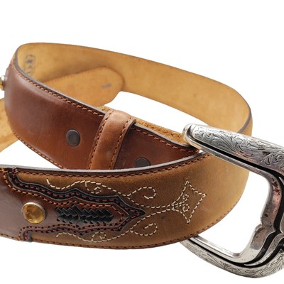 Tony Lama Brown Leather Belt Topaz Crystal Stud Western Overlay 