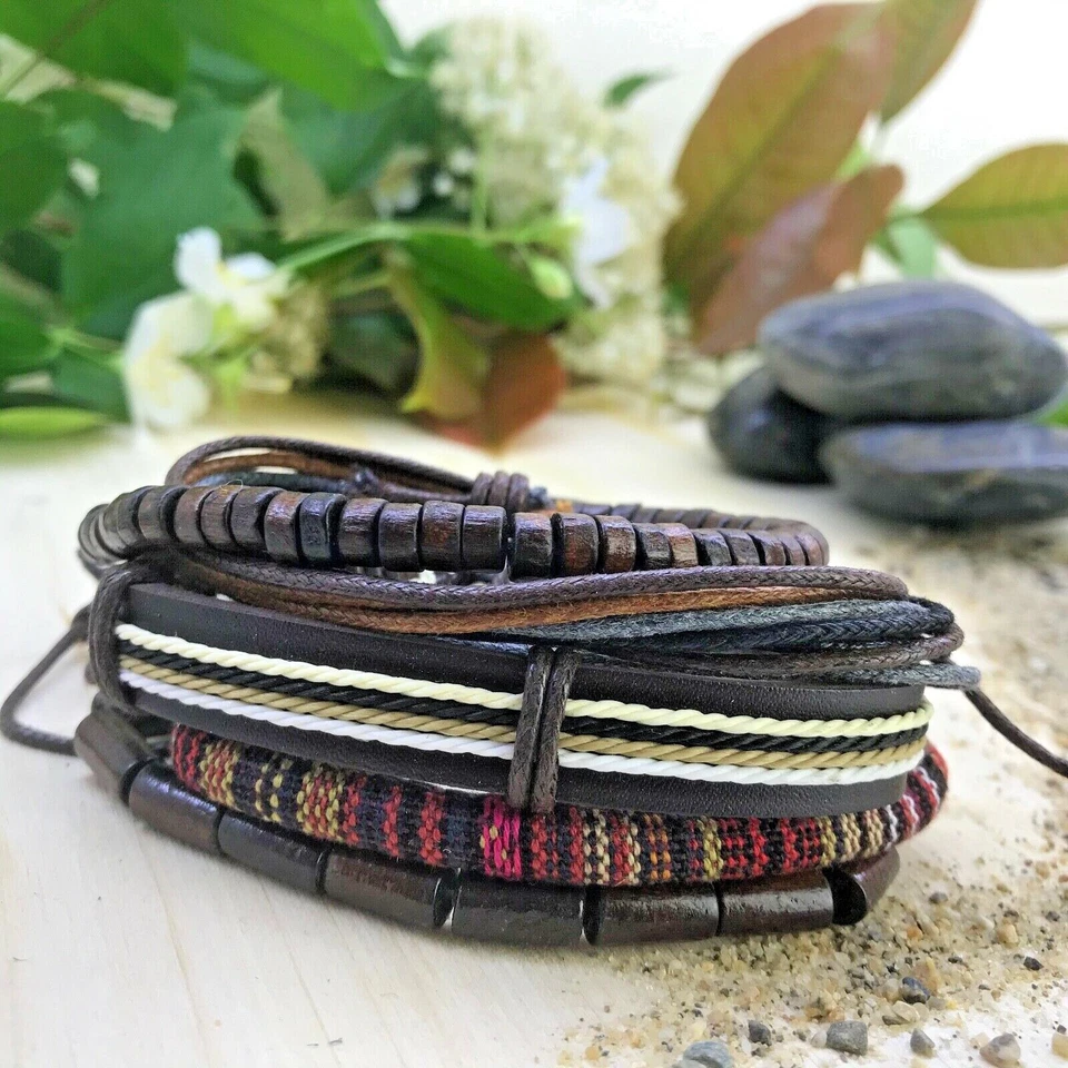 Ensemble 4 Bracelets Naturel Homme Femme Cuir - Perles et Bois - Corde - Photo 2/3