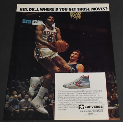 1977 Print Ad Dr J Where'd you get those moves Converse Basketball Shoes  NBA Art