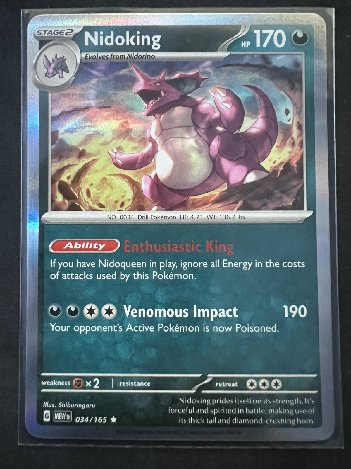 Pokemon 2023 Scarlet & Violet 151 Nidoking Reverse Holo Rare #34 Near Mint