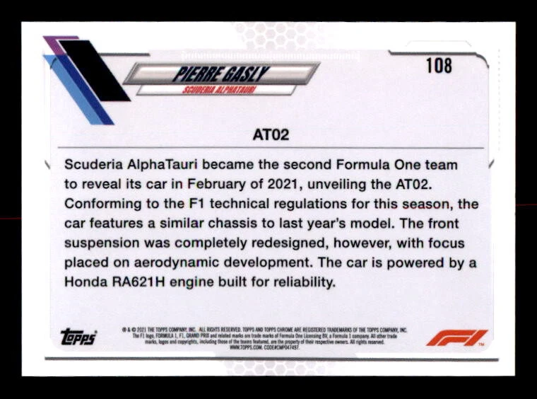  2021 Topps Chrome Formula 1 #108 Pierre Gasly F1 Cars - Image 2 of 2