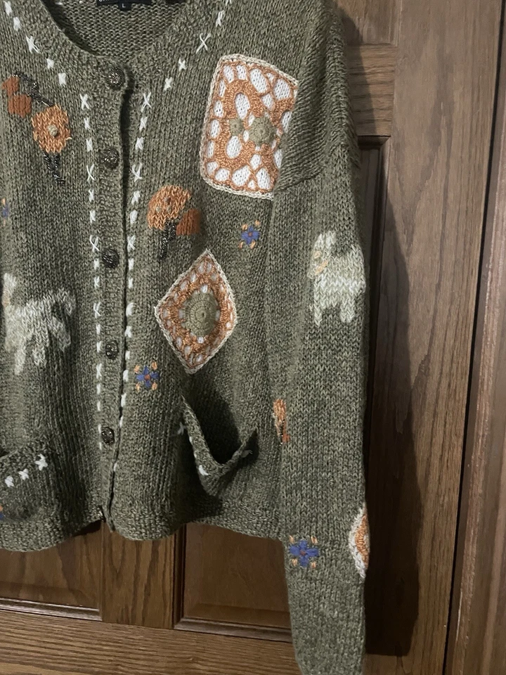 复古刺绣棉混纺开衫女式大号绿色花卉叶波西米亚 — 第 4/4 张图片