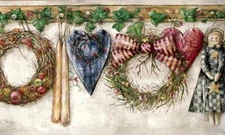Primitive Country Ivy Vines Angel Wreath Hearts Berry Rustic Wallpaper Border