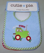Cutie Pie 8 Pack Terry Baby Feeding Drool Bibs Boys Blue Yellow Farm Cotton NEW