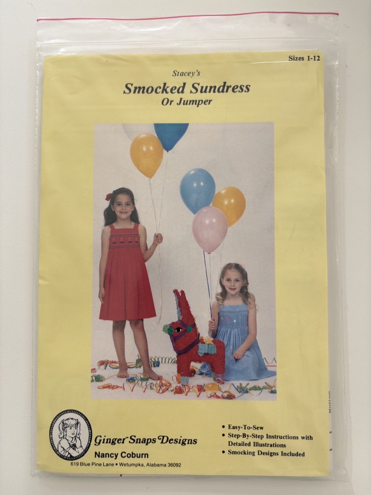 Smocked Sundress or Jumper Pattern Ginger Snaps Designs, size 1-12, Uncut 1987-image