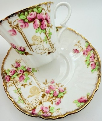Antique c1927 Royal Albert Deco Painted Rosalie Rose Garden Cup & Saucer; Teacup