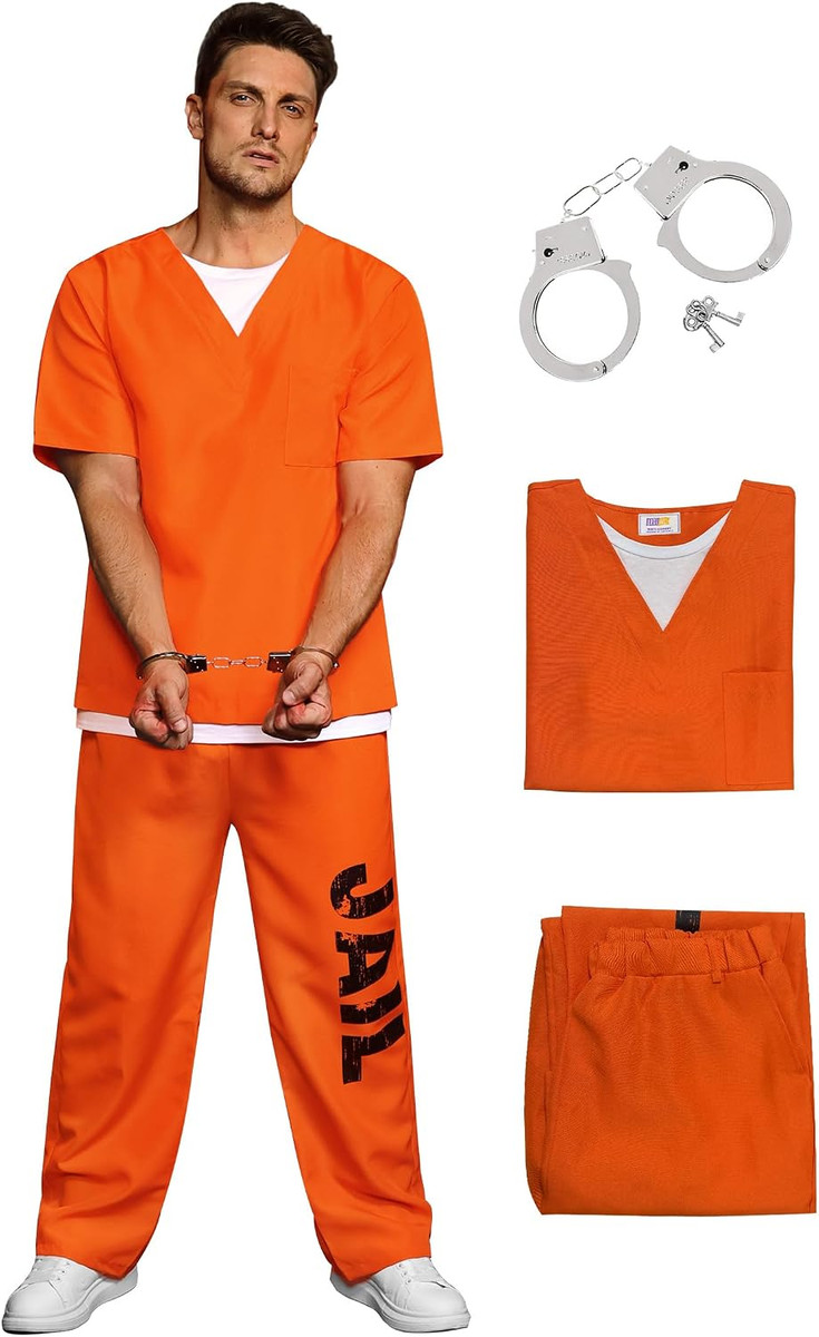 Arvilhill XL 7Pcs Prisoner Costume Mens Orange Inmate Outfit for Halloween