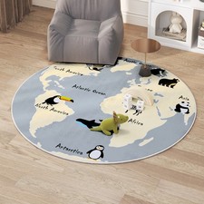 Kids Round World Map Rug Soft Educational Animal World Map Area Rug Non-Slip