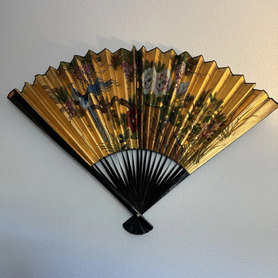 "Ventilador plegable oriental vintage pintado a mano - decoración artística grande para colgar en la pared 51""x36""" Foto 4 de 4