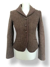 Joules Tweed Brown Jacket Size S UK 8-10 Wool Herringbone Print Lining