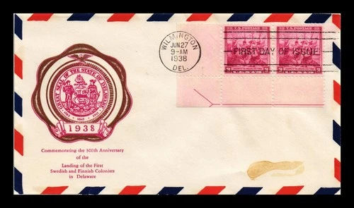 DR JIM STAMPS US COVER DELAWARE FDC SCOTT 836 PAIR RICE CACHET STAINED FRONT