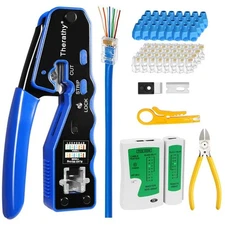 RJ45 Crimp Tool Kit Ethernet Crimper Pass Through Cat6 Cat5e Connectors Wire