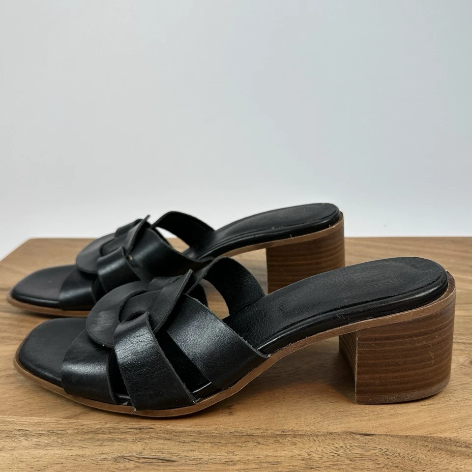 Sandálias femininas Bruno Magli Aria couro preto slip on mules salto bloco tamanho 8 M - Imagem 2 de 4