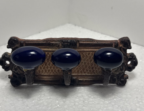 Vintage Brass Coat Rack w/ Antique Purple Glass Knobs 3 Hooks
