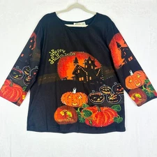 Collections Etc Vintage Halloween Tee Size XL Cotton Pumpkin Sequins AOP