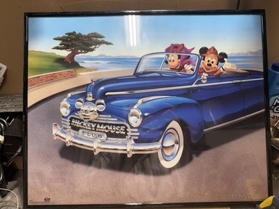 Framed Mickey & Minnie Mouse Riding in A Blue Convertible Car Disney Picture