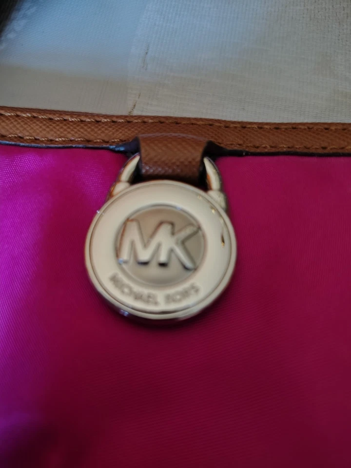 Michael Kors Pink Nylon Tote Bag-Brown Leather Trim-MK Logo-Gold Hardware-Pockts - Image 2 of 4