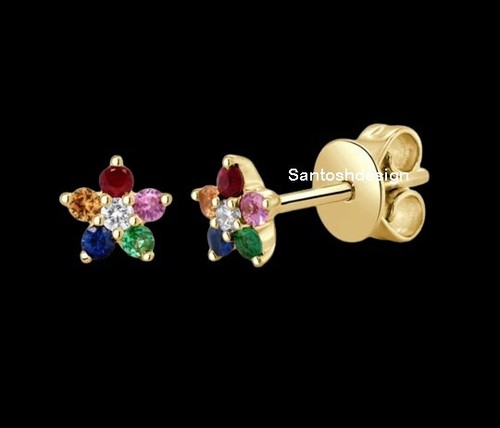 Beautiful Flower Diamond Multi Sapphire 925 Sterling Silver Studd Earring,Gift - 第 1/2 張圖片