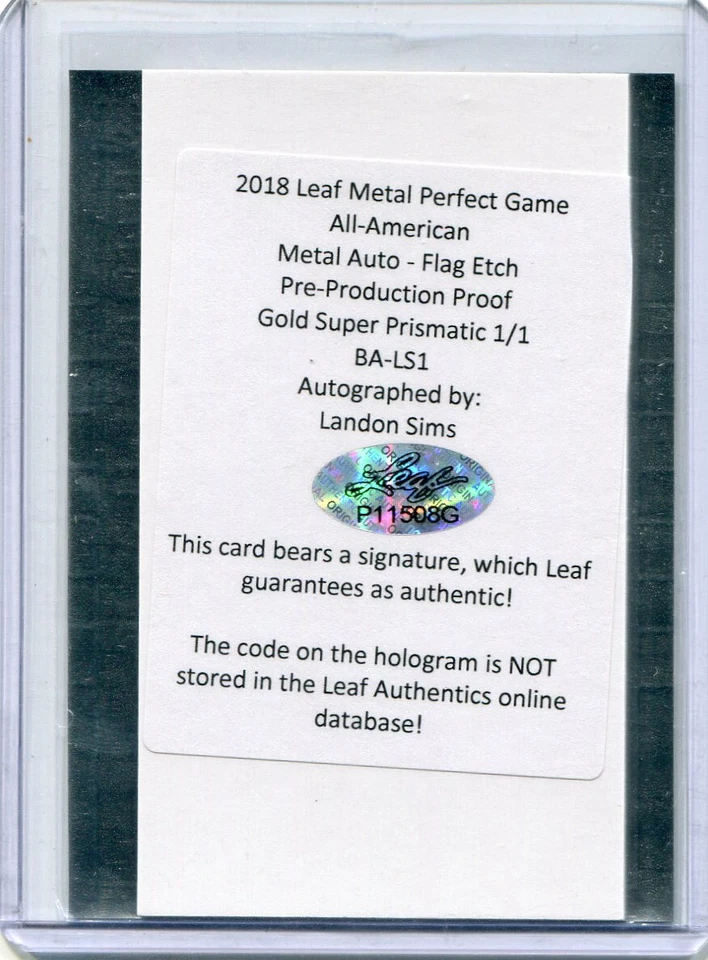 2018 Leaf Metal Draft Flag Etch Gold Super Prismatic Proof Landon Sims Auto 1/1 - Image 2 of 2
