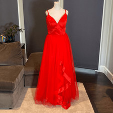 Women s Red Full Length Satin Tulle Prom Party Dress Zip Up Back Size 8 READ