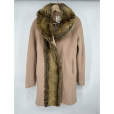Elevenses Anthropologie Women's Faux Fur Trim Wool Blend Overcoat Beige Size 6