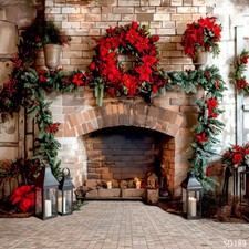 10'x10'Computer-painted Xmas Fireplace Flowers Scenic background backdrop SD189