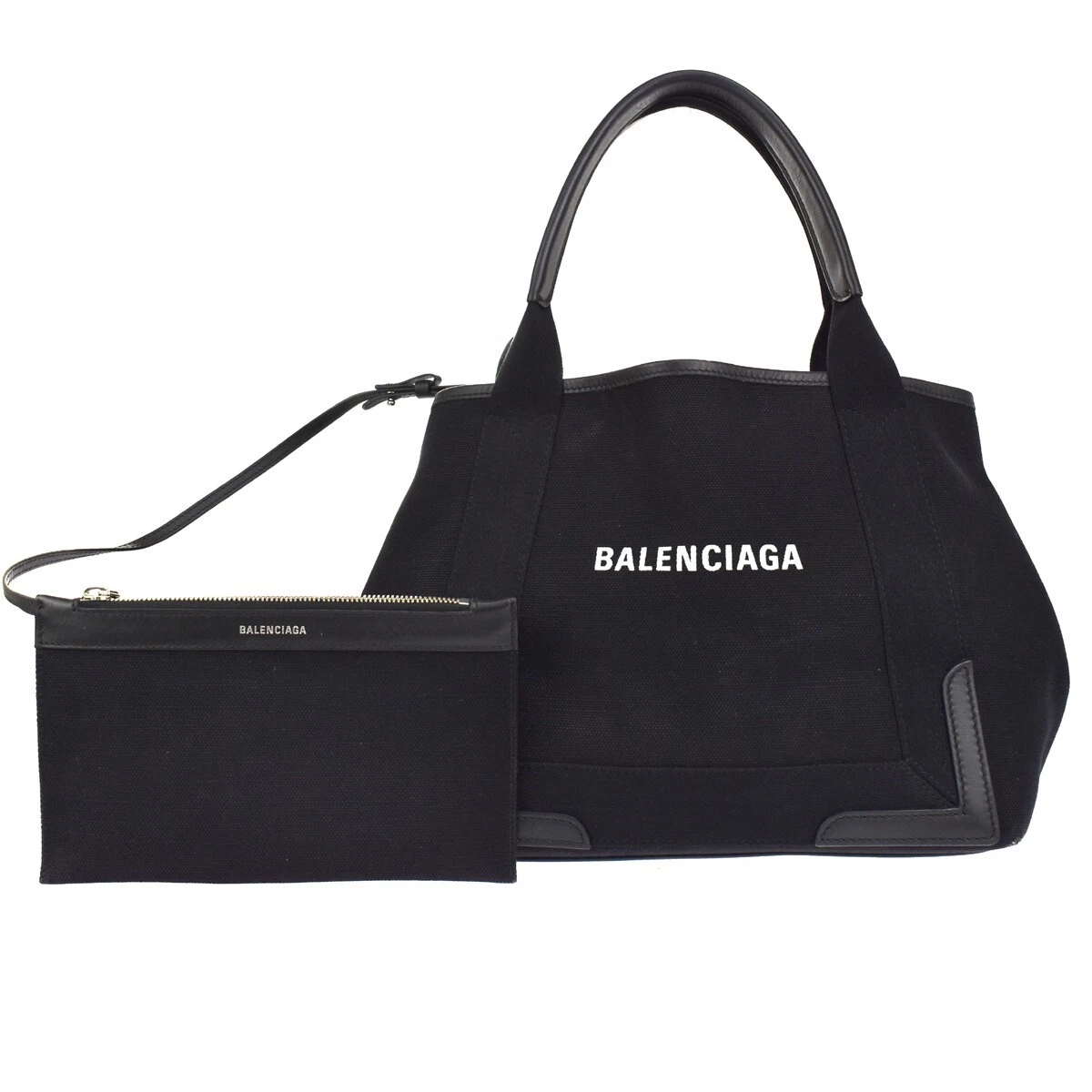 BALENCIAGA Navy Cabas S Hand Tote Bag Pouch Canvas Leather Black