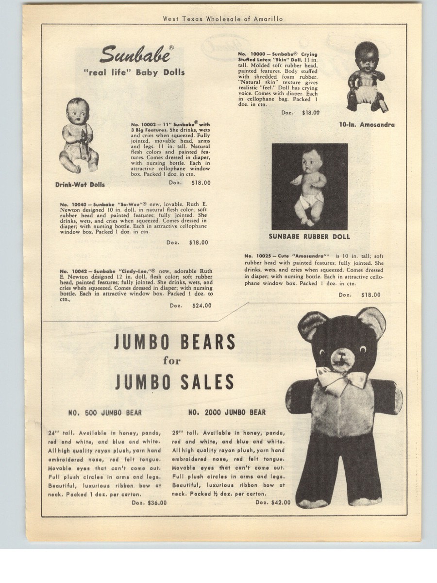1951 PAPER AD Sunbabe Rubber Doll Amosandra Black Baby Ideal Toni