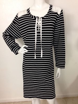American Rag Cie Women's New Plus 1X Classic Black Striped Lace-Up Dress NWT