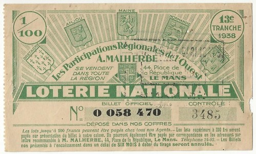 1938 Le Mans, France Lottery ticket - note lot world Comb Ship