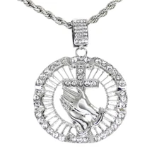 Mens Large Praying Cross/Hands Cz Iced Pendant 24" Chain Silver Plated Hip Hop