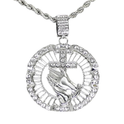 Mens Large Praying Cross/Hands Cz Iced Pendant 24'' Chain Silver Plated Hip Hop
