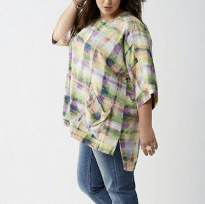 MELISSA MCCARTHY SEVEN7 Plus 2X Plaid Pastel Tunic Top Blouse Pockets Artsy