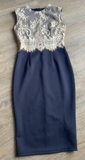 Ladies AX Paris Fitted Knee Length Lace Beige and Navy Pencil Dress Size 10
