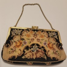 Antique Petit Point Tapestry Purse Jeweled Closure and Frame Floral Bag