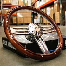14" Inch Polished & Wood Steering Wheel Chevy Bowtie Horn , 6 Hole C10 GMC 