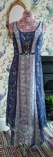 Vintage style navy blue & white floral midi boho smock dress size 12 Indigo