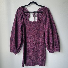 NWT Free People Smock It To Me Puff Sleeve Mini Dress Size Medium Hazelnut Combo