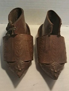 Very VTG Antique FRENCH Childs/Childrens SABOTHand Tooled Leather WOOD CLOG 5"