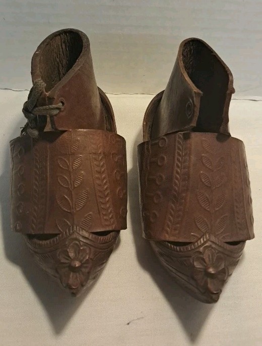 Very VTG Antique FRENCH Childs/Childrens SABOTHand Tooled Leather WOOD CLOG 5"