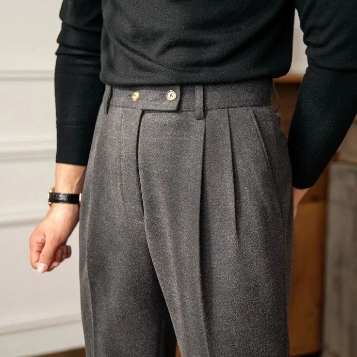 Pantalones de cachemir para hombre plisados frente cintura ajustable informales invierno pantalones con puños Foto 4 de 4