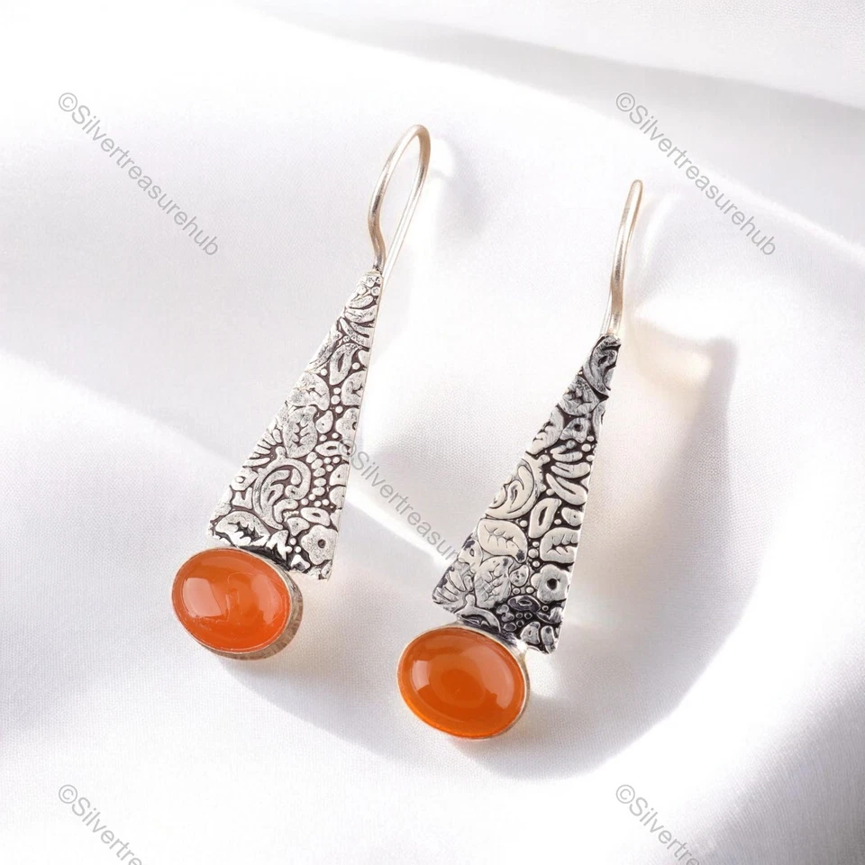 Pendientes colgantes ovalados de piedra cornalina de plata de ley para boda cumpleaños hermana Foto 3 de 4