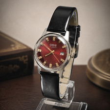 Vintage Oris 17 Jewels Mens Watch Red Dial Date Hand Wind Swiss Made Serviced