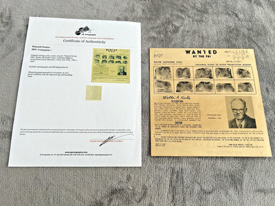 FBI Wanted Notice Mailer - ''Murder'' - FBI, Utica NY 1956 Walter Kulis W/ COA