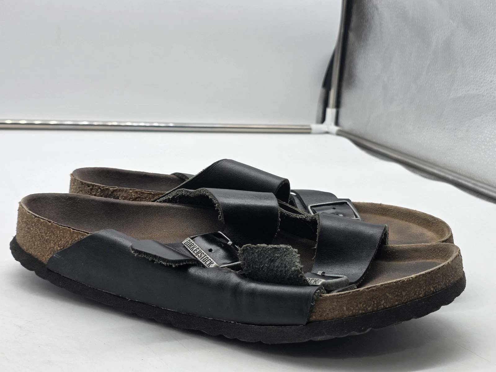Birkenstock Arizona Sandals Shoes Mens Size 9 Black Leather Double Strap Damage