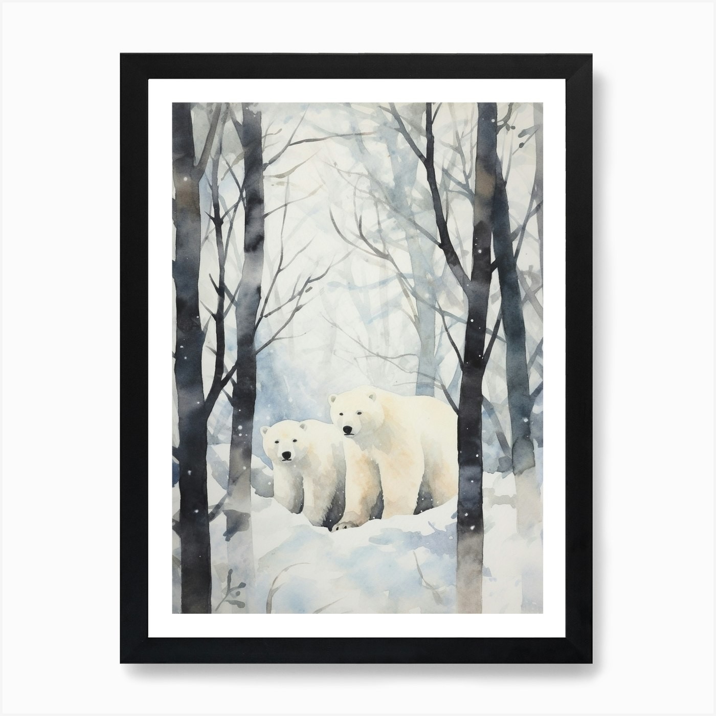 Winter Watercolor Polar Bear Framed Canvas Wall Art Print  