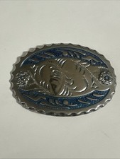 Blue and Silver Tone Western Belt Buckle Floral