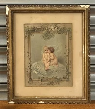 Under the Mistletoe, 19th Antique Victorian Stipple Print, Cherubs, Gilt Frame